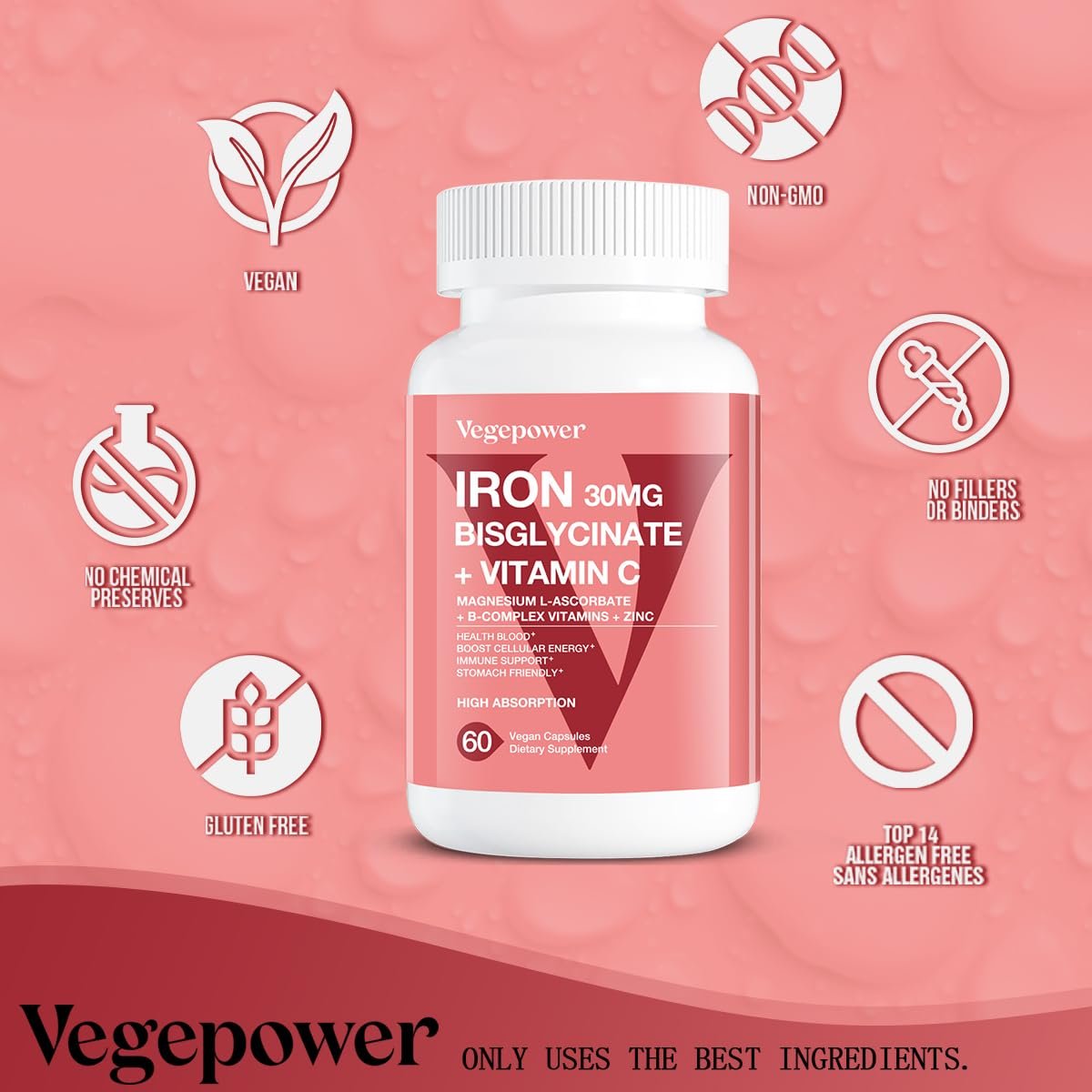 Eisen Bisglycinat Kapseln für Frauen & Männer - 30 mg Eisen mit Vitamin C, B12, Folsäure - Chelat-Eisen für Blutgesundheit - Hoch bioverfügbar, glutenfrei, vegan - 60 Kapseln
