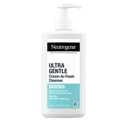 Neutrogena Ultra Gentle Cream-to-Foam Täglicher Gesichtsreiniger, verwandelt sich von einer cremigen Reinigung in einen schäumenden Gesichtsreiniger, reinigt sanft empfindliche Haut, parfümfrei, hypoallergen, 240 ml