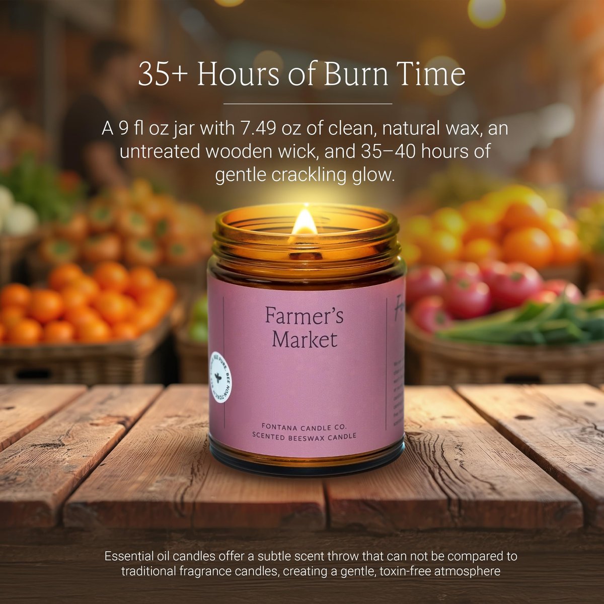 Fontana Candle Co Holzdocht Bienenwachs Kerze im Glas, Bauernmarkt – Hergestellt mit Kokosöl & reinen ätherischen Ölen – 35+ Stunden sauberer Abbrand, langlebig & ungiftig für Zuhause & Raumdekoration
