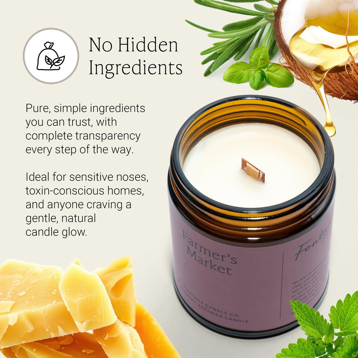 Fontana Candle Co Holzdocht Bienenwachs Kerze im Glas, Bauernmarkt – Hergestellt mit Kokosöl & reinen ätherischen Ölen – 35+ Stunden sauberer Abbrand, langlebig & ungiftig für Zuhause & Raumdekoration