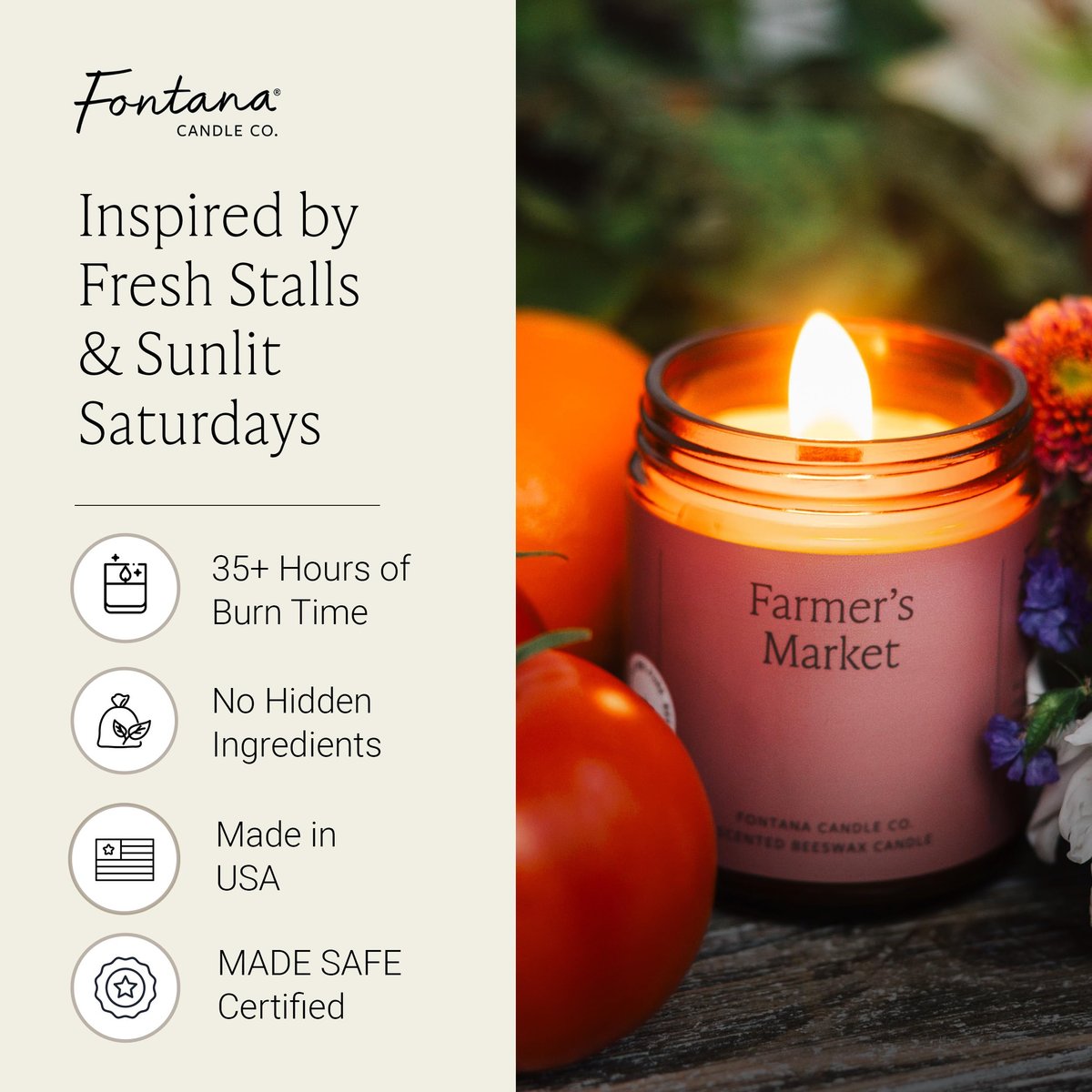 Fontana Candle Co Holzdocht Bienenwachs Kerze im Glas, Bauernmarkt – Hergestellt mit Kokosöl & reinen ätherischen Ölen – 35+ Stunden sauberer Abbrand, langlebig & ungiftig für Zuhause & Raumdekoration