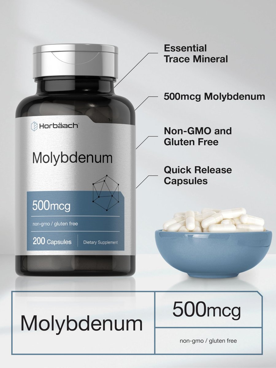 Horbaach Molybdän 500 mcg – 200 Kapseln, Aminosäurechelat, Nicht-GVO, Glutenfrei