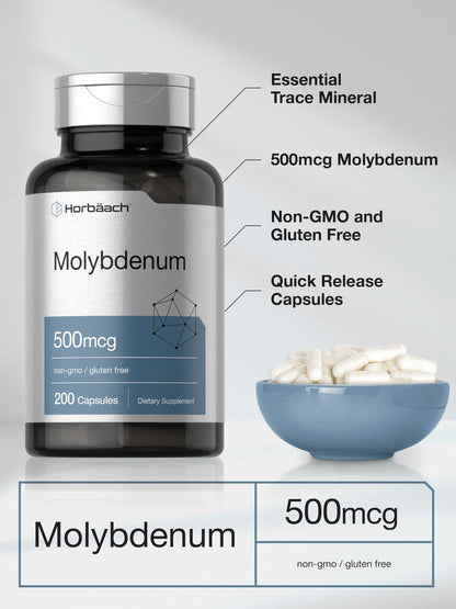 Horbaach Molybdän 500 mcg – 200 Kapseln, Aminosäurechelat, Nicht-GVO, Glutenfrei