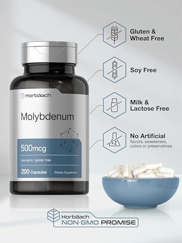 Horbaach Molybdän 500 mcg – 200 Kapseln, Aminosäurechelat, Nicht-GVO, Glutenfrei
