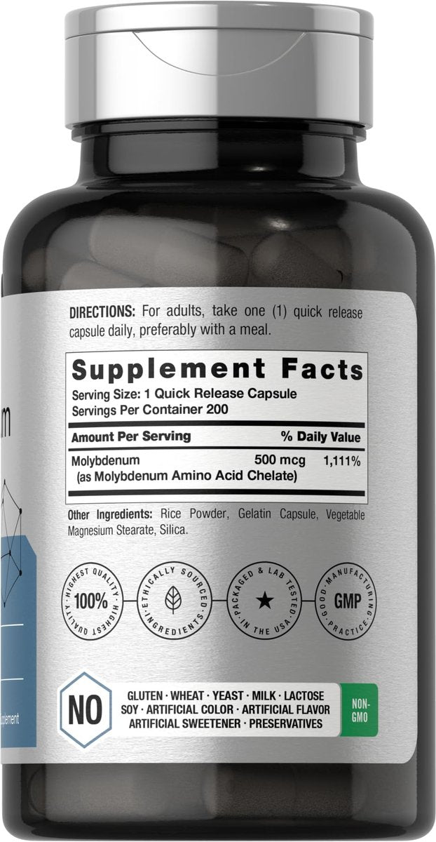 Horbaach Molybdän 500 mcg – 200 Kapseln, Aminosäurechelat, Nicht-GVO, Glutenfrei