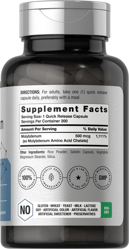 Horbaach Molybdän 500 mcg – 200 Kapseln, Aminosäurechelat, Nicht-GVO, Glutenfrei