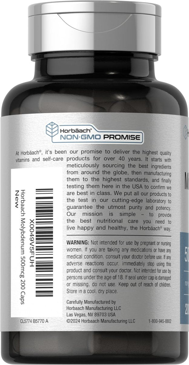 Horbaach Molybdän 500 mcg – 200 Kapseln, Aminosäurechelat, Nicht-GVO, Glutenfrei