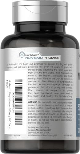 Horbaach Molybdän 500 mcg – 200 Kapseln, Aminosäurechelat, Nicht-GVO, Glutenfrei