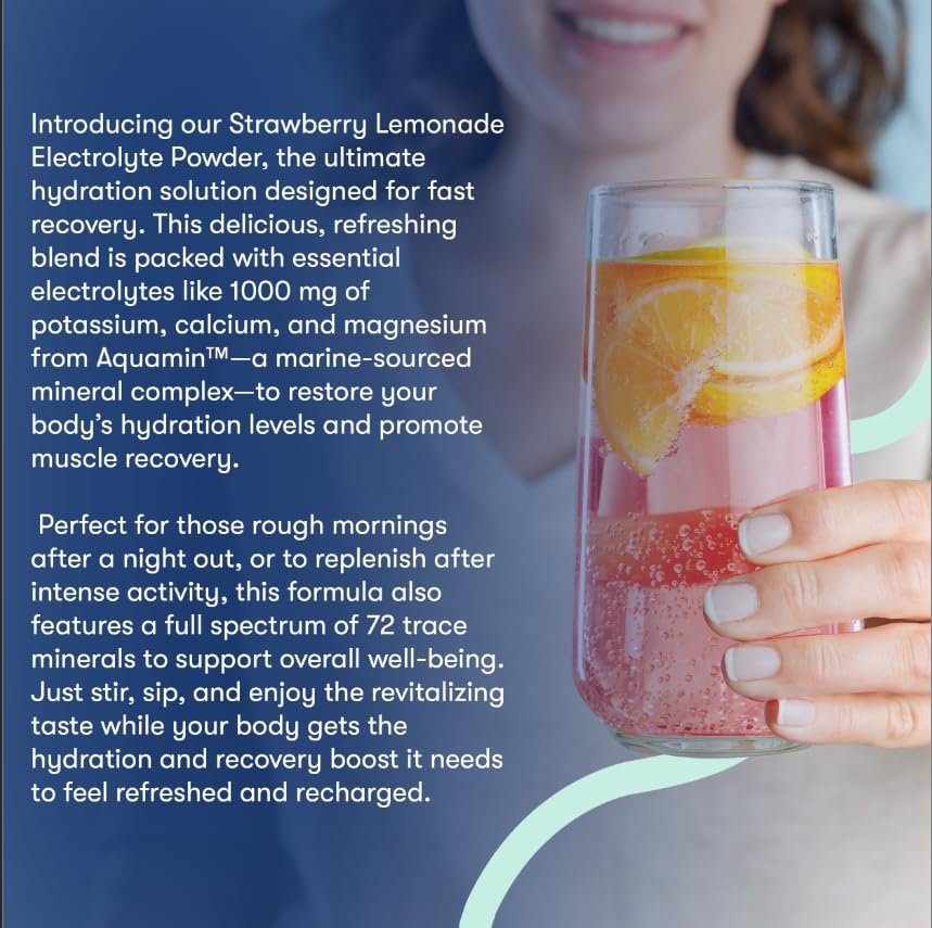 Flyby Electrolytes Pulver – Ohne Zuckerzusatz, natürlich gesüßt – Enthält Kalium, Aquamin™ Calcium & Magnesium, Meersalz-Natrium, 72 Spurenmineralien – Erdbeer-Zitronen-Geschmack
