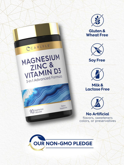 Carlyle Magnesium, Zink und Vitamin D3 | 90 Kapseln | 3-in-1 Premium Formel | Vegetarisch, Nicht-GVO & Glutenfrei