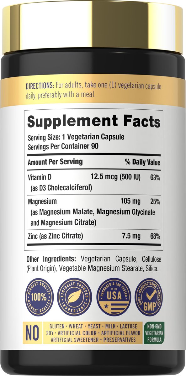 Carlyle Magnesium, Zink und Vitamin D3 | 90 Kapseln | 3-in-1 Premium Formel | Vegetarisch, Nicht-GVO & Glutenfrei