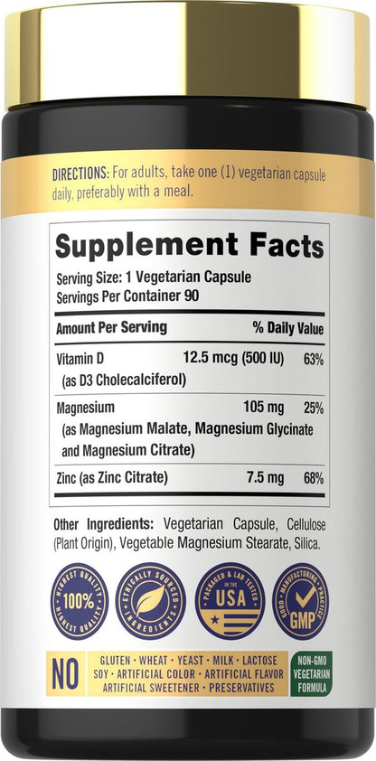 Carlyle Magnesium, Zink und Vitamin D3 | 90 Kapseln | 3-in-1 Premium Formel | Vegetarisch, Nicht-GVO & Glutenfrei