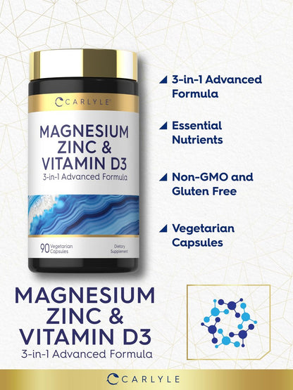 Carlyle Magnesium, Zink und Vitamin D3 | 90 Kapseln | 3-in-1 Premium Formel | Vegetarisch, Nicht-GVO & Glutenfrei