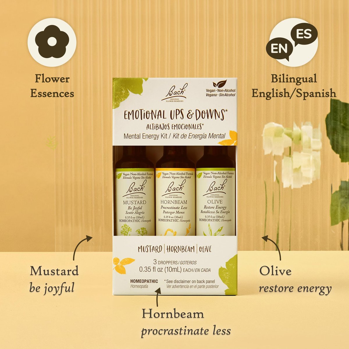 Bach Original Blütenessenzen, Emotional Ups & Downs Trio Kit, für mentale Energie (alkoholfreie Formel), natürliche homöopathische Blütenessenzen, vegan, 3 x 10 ml Pipetten