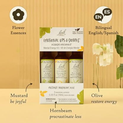 Bach Original Blütenessenzen, Emotional Ups & Downs Trio Kit, für mentale Energie (alkoholfreie Formel), natürliche homöopathische Blütenessenzen, vegan, 3 x 10 ml Pipetten