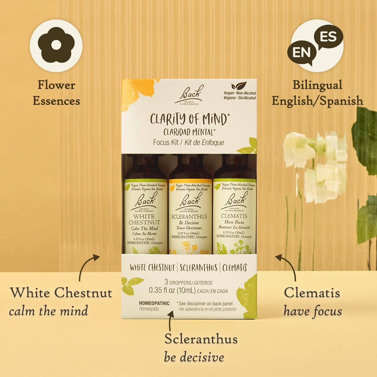 Bach Original Blütenessenzen, Klarheit des Geistes Trio-Set, Für Fokus & Achtsamkeit (Alkoholfreie Formel), Natürliche homöopathische Blütenessenzen, Vegan, 3 x 10 ml Tropfer