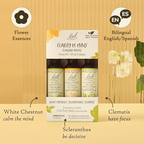 Bach Original Blütenessenzen, Klarheit des Geistes Trio-Set, Für Fokus & Achtsamkeit (Alkoholfreie Formel), Natürliche homöopathische Blütenessenzen, Vegan, 3 x 10 ml Tropfer