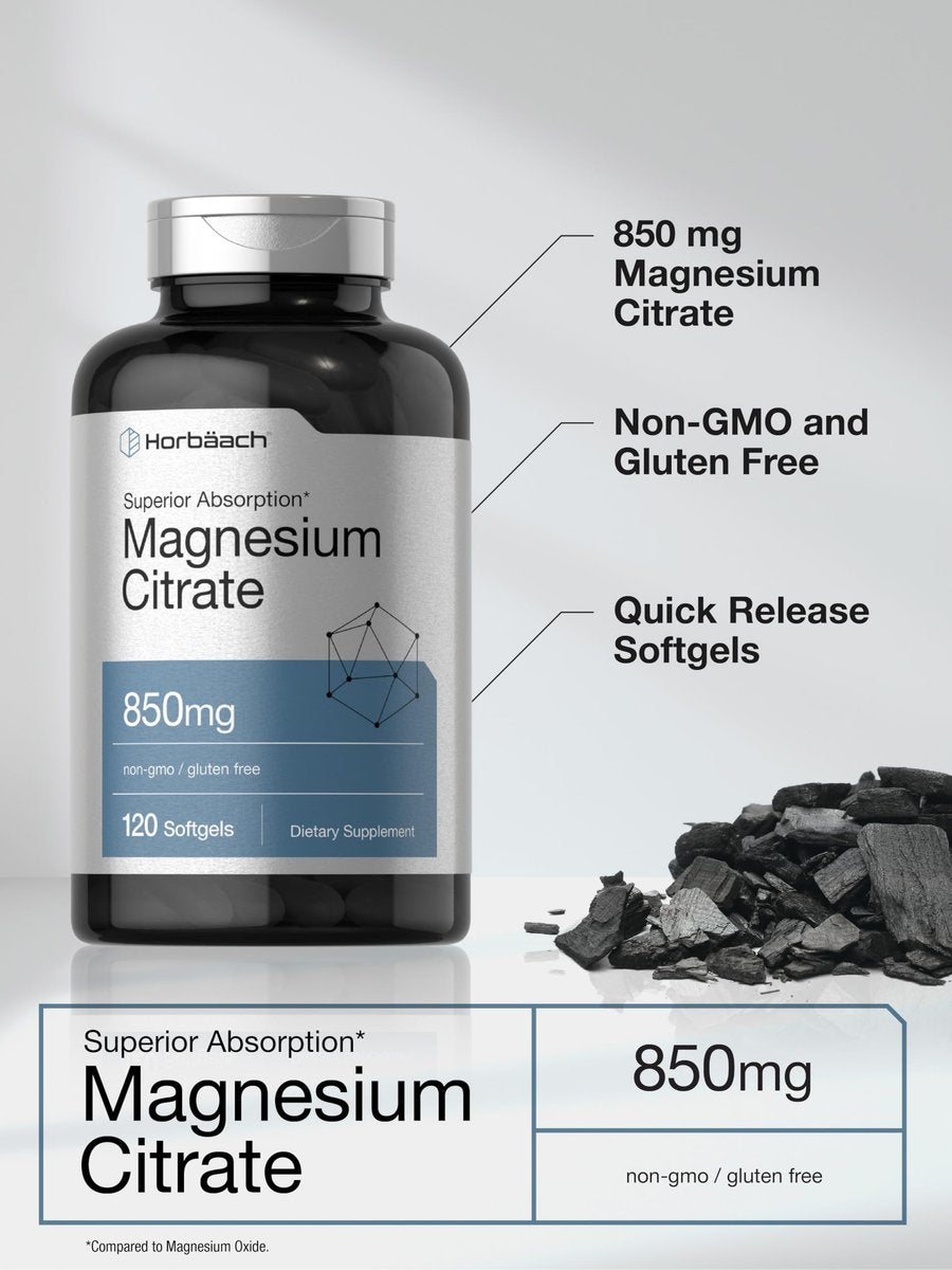 Horbäach Magnesiumcitrat 850 mg | 120 Softgels | Hohe Bioverfügbarkeit | Nicht-GVO & glutenfrei