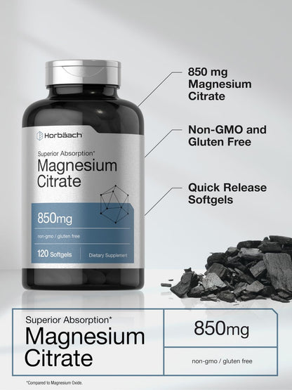 Horbäach Magnesiumcitrat 850 mg | 120 Softgels | Hohe Bioverfügbarkeit | Nicht-GVO & glutenfrei
