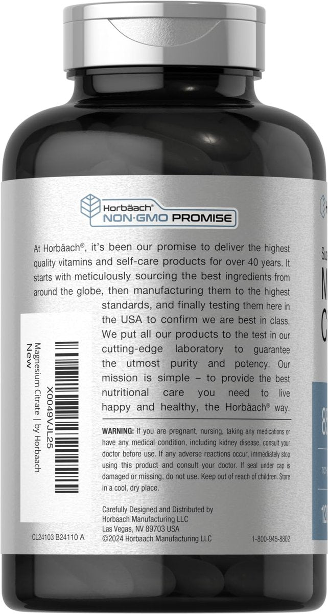 Horbäach Magnesiumcitrat 850 mg | 120 Softgels | Hohe Bioverfügbarkeit | Nicht-GVO & glutenfrei