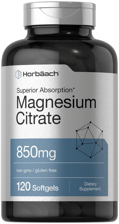 Horbäach Magnesiumcitrat 850 mg | 120 Softgels | Hohe Bioverfügbarkeit | Nicht-GVO & glutenfrei