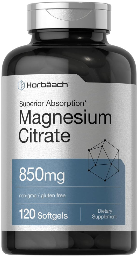 Horbäach Magnesiumcitrat 850 mg | 120 Softgels | Hohe Bioverfügbarkeit | Nicht-GVO & glutenfrei