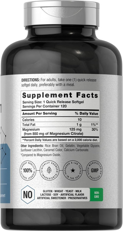 Horbäach Magnesiumcitrat 850 mg | 120 Softgels | Hohe Bioverfügbarkeit | Nicht-GVO & glutenfrei