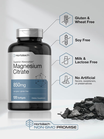 Horbäach Magnesiumcitrat 850 mg | 120 Softgels | Hohe Bioverfügbarkeit | Nicht-GVO & glutenfrei