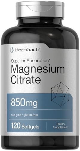 Horbäach Magnesiumcitrat 850 mg | 120 Softgels | Hohe Bioverfügbarkeit | Nicht-GVO & glutenfrei