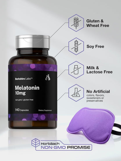 Horbäach Melatonin 10 mg – 140 Kapseln mit schneller Freisetzung, extra stark, nicht gentechnisch verändert, glutenfrei