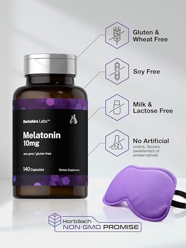 Horbäach Melatonin 10 mg – 140 Kapseln mit schneller Freisetzung, extra stark, nicht gentechnisch verändert, glutenfrei