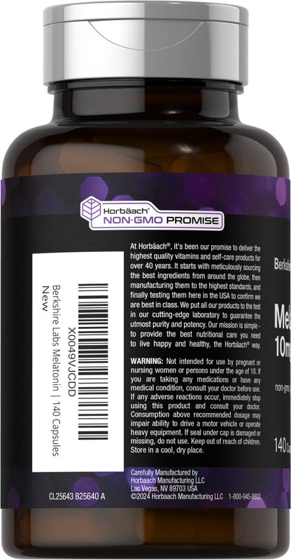 Horbäach Melatonin 10 mg – 140 Kapseln mit schneller Freisetzung, extra stark, nicht gentechnisch verändert, glutenfrei