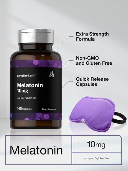 Horbäach Melatonin 10 mg – 140 Kapseln mit schneller Freisetzung, extra stark, nicht gentechnisch verändert, glutenfrei