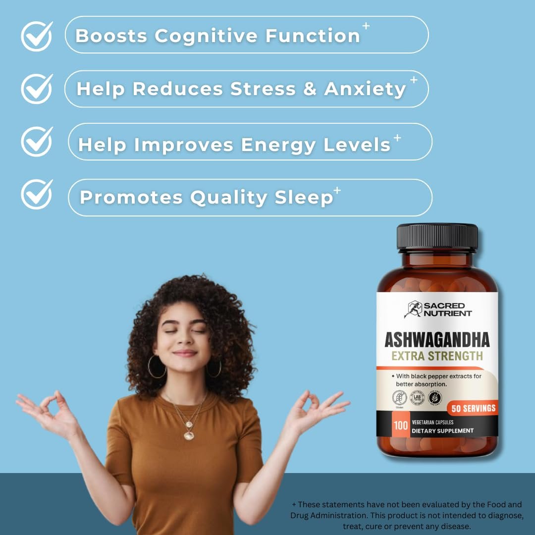 Sacred Nutrient Ashwagandha Bio Extra Stark Supplement mit Schwarzem Pfeffer für Stress- und Stimmungsunterstützung, Energie 300 mg Extrakt (entspricht 3000 mg Kraut), 100 Kapseln