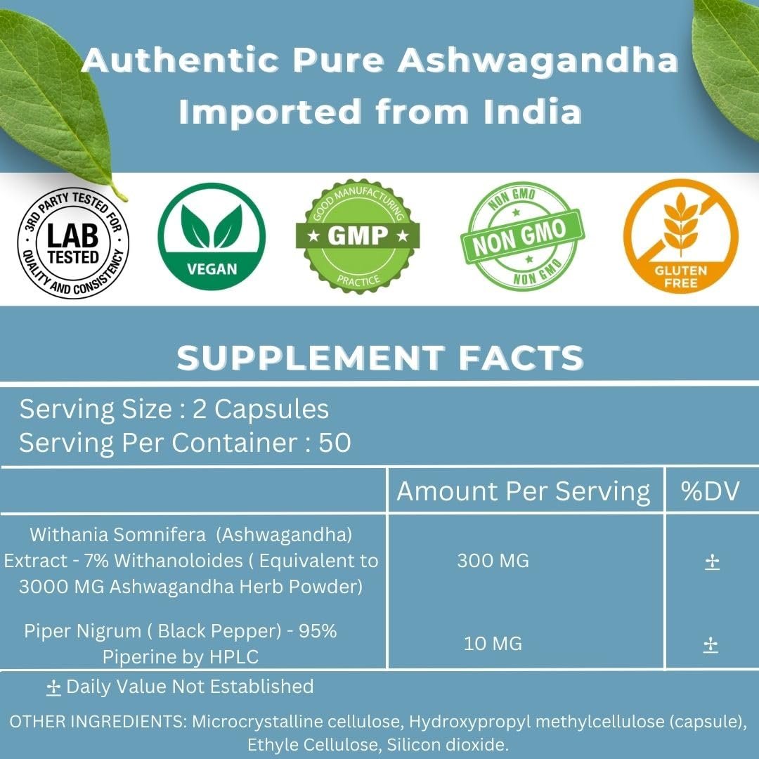 Sacred Nutrient Ashwagandha Bio Extra Stark Supplement mit Schwarzem Pfeffer für Stress- und Stimmungsunterstützung, Energie 300 mg Extrakt (entspricht 3000 mg Kraut), 100 Kapseln
