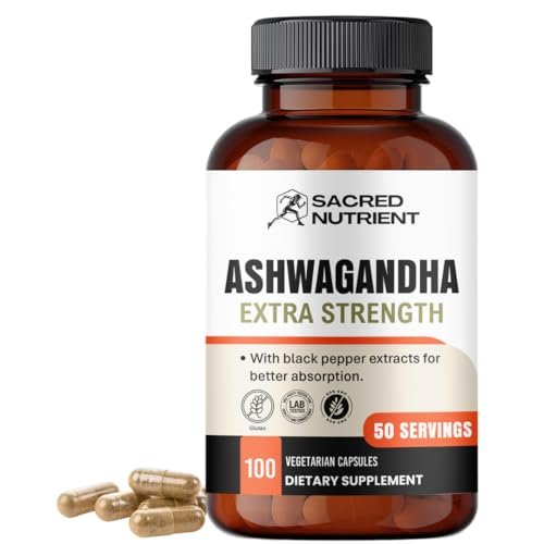 Sacred Nutrient Ashwagandha Bio Extra Stark Supplement mit Schwarzem Pfeffer für Stress- und Stimmungsunterstützung, Energie 300 mg Extrakt (entspricht 3000 mg Kraut), 100 Kapseln