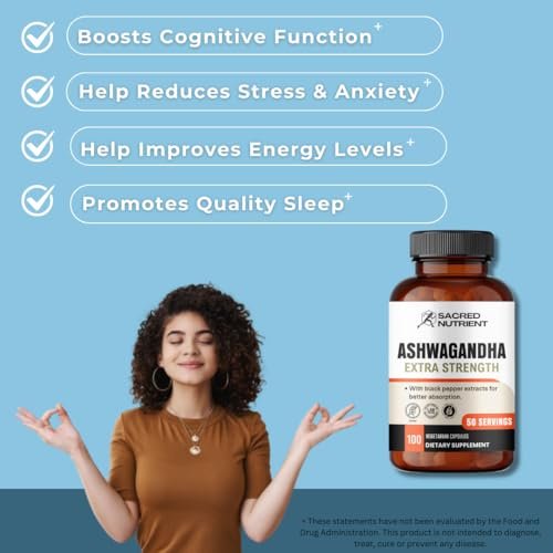 Sacred Nutrient Ashwagandha Bio Extra Stark Supplement mit Schwarzem Pfeffer für Stress- und Stimmungsunterstützung, Energie 300 mg Extrakt (entspricht 3000 mg Kraut), 100 Kapseln