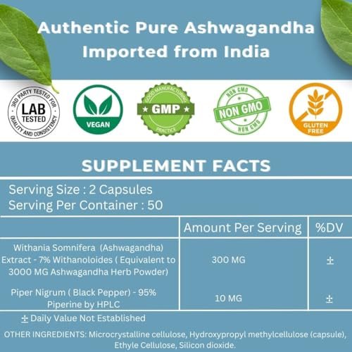 Sacred Nutrient Ashwagandha Bio Extra Stark Supplement mit Schwarzem Pfeffer für Stress- und Stimmungsunterstützung, Energie 300 mg Extrakt (entspricht 3000 mg Kraut), 100 Kapseln