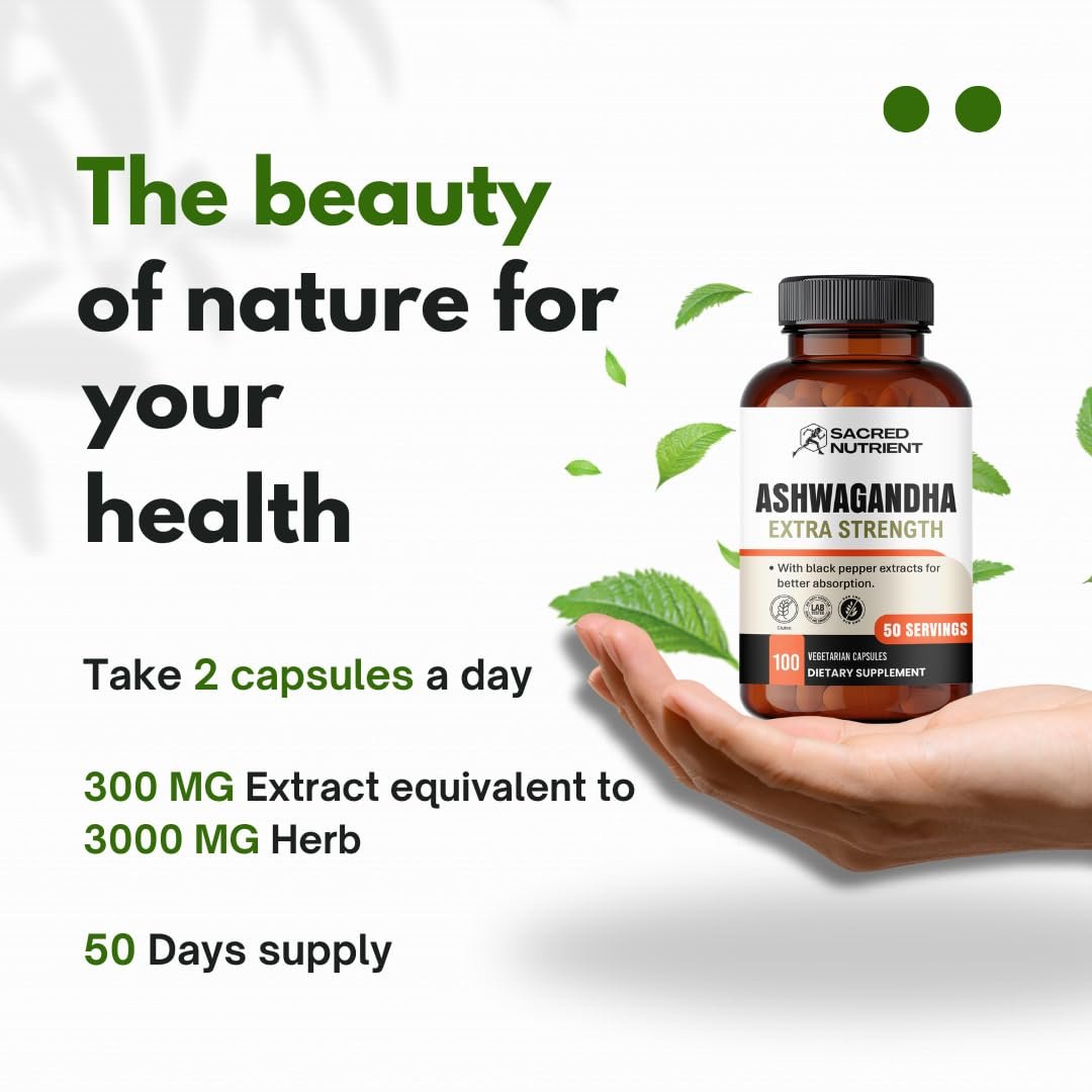 Sacred Nutrient Ashwagandha Bio Extra Stark Supplement mit Schwarzem Pfeffer für Stress- und Stimmungsunterstützung, Energie 300 mg Extrakt (entspricht 3000 mg Kraut), 100 Kapseln