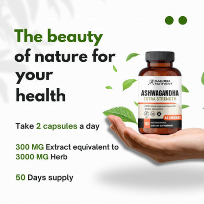 Sacred Nutrient Ashwagandha Bio Extra Stark Supplement mit Schwarzem Pfeffer für Stress- und Stimmungsunterstützung, Energie 300 mg Extrakt (entspricht 3000 mg Kraut), 100 Kapseln