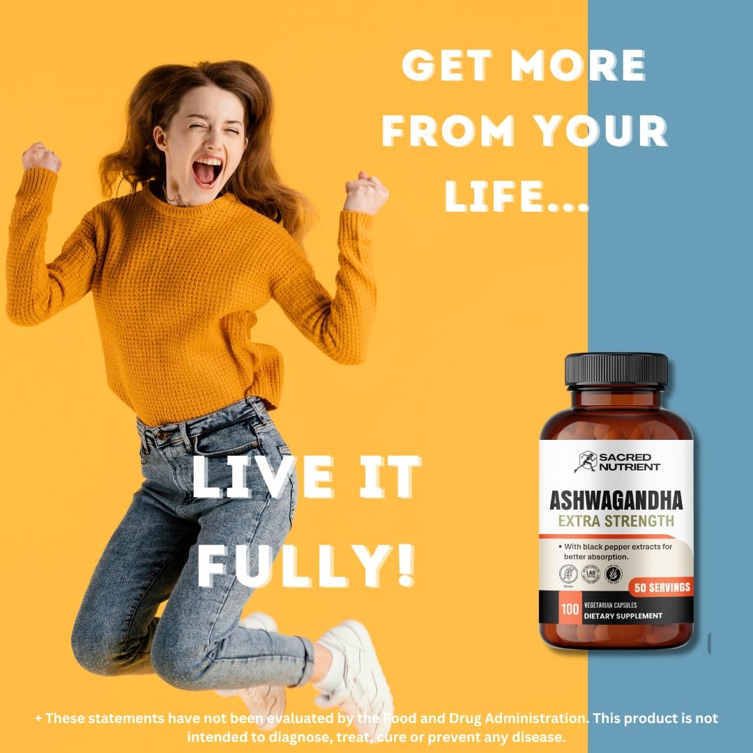 Sacred Nutrient Ashwagandha Bio Extra Stark Supplement mit Schwarzem Pfeffer für Stress- und Stimmungsunterstützung, Energie 300 mg Extrakt (entspricht 3000 mg Kraut), 100 Kapseln