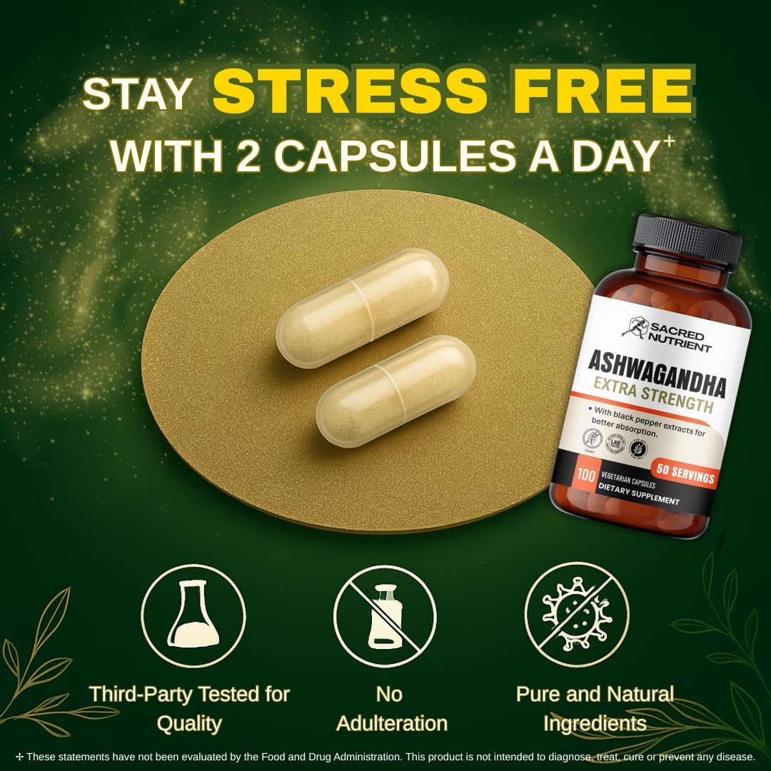 Sacred Nutrient Ashwagandha Bio Extra Stark Supplement mit Schwarzem Pfeffer für Stress- und Stimmungsunterstützung, Energie 300 mg Extrakt (entspricht 3000 mg Kraut), 100 Kapseln