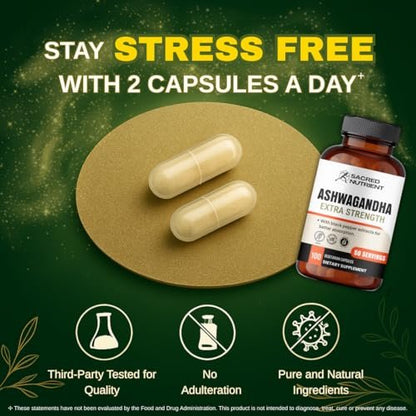 Sacred Nutrient Ashwagandha Bio Extra Stark Supplement mit Schwarzem Pfeffer für Stress- und Stimmungsunterstützung, Energie 300 mg Extrakt (entspricht 3000 mg Kraut), 100 Kapseln