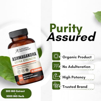Sacred Nutrient Ashwagandha Bio Extra Stark Supplement mit Schwarzem Pfeffer für Stress- und Stimmungsunterstützung, Energie 300 mg Extrakt (entspricht 3000 mg Kraut), 100 Kapseln