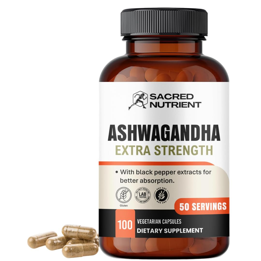 Sacred Nutrient Ashwagandha Bio Extra Stark Supplement mit Schwarzem Pfeffer für Stress- und Stimmungsunterstützung, Energie 300 mg Extrakt (entspricht 3000 mg Kraut), 100 Kapseln