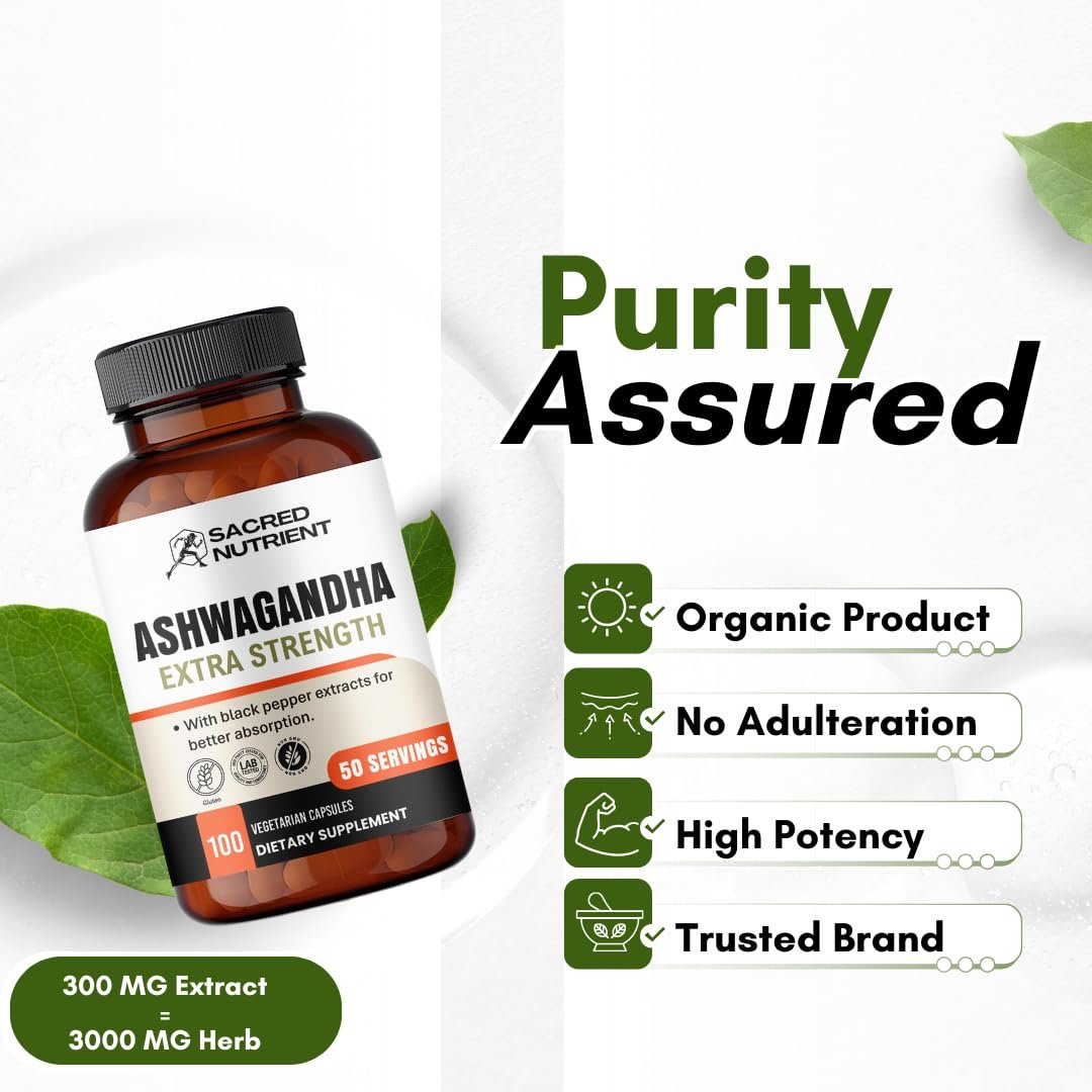 Sacred Nutrient Ashwagandha Bio Extra Stark Supplement mit Schwarzem Pfeffer für Stress- und Stimmungsunterstützung, Energie 300 mg Extrakt (entspricht 3000 mg Kraut), 100 Kapseln