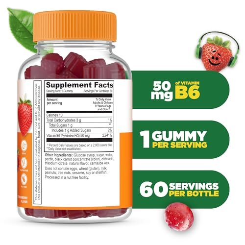 Lifeable Vitamin B6 Gummis für Kinder | Leckerer B6-Vitamin 50mg | Vegan, Nicht-GVO, Glutenfrei | Unterstützt die Nervenfunktion | 60 Gummis