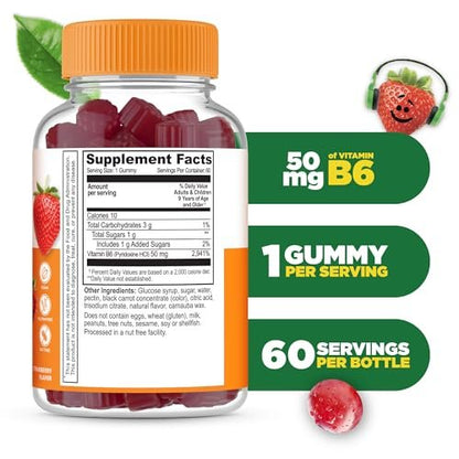 Lifeable Vitamin B6 Gummis für Kinder | Leckerer B6-Vitamin 50mg | Vegan, Nicht-GVO, Glutenfrei | Unterstützt die Nervenfunktion | 60 Gummis