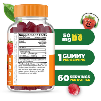 Lifeable Vitamin B6 Gummis für Kinder | Leckerer B6-Vitamin 50mg | Vegan, Nicht-GVO, Glutenfrei | Unterstützt die Nervenfunktion | 60 Gummis