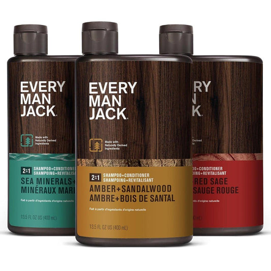 Every Man Jack 2-in-1 Shampoo + Conditioner Variety Pack – 3 Outdoor Düfte: Amber + Sandelholz, Zedernholz + Roter Salbei, Meeresmineralien + Citron – 3 x 400 ml